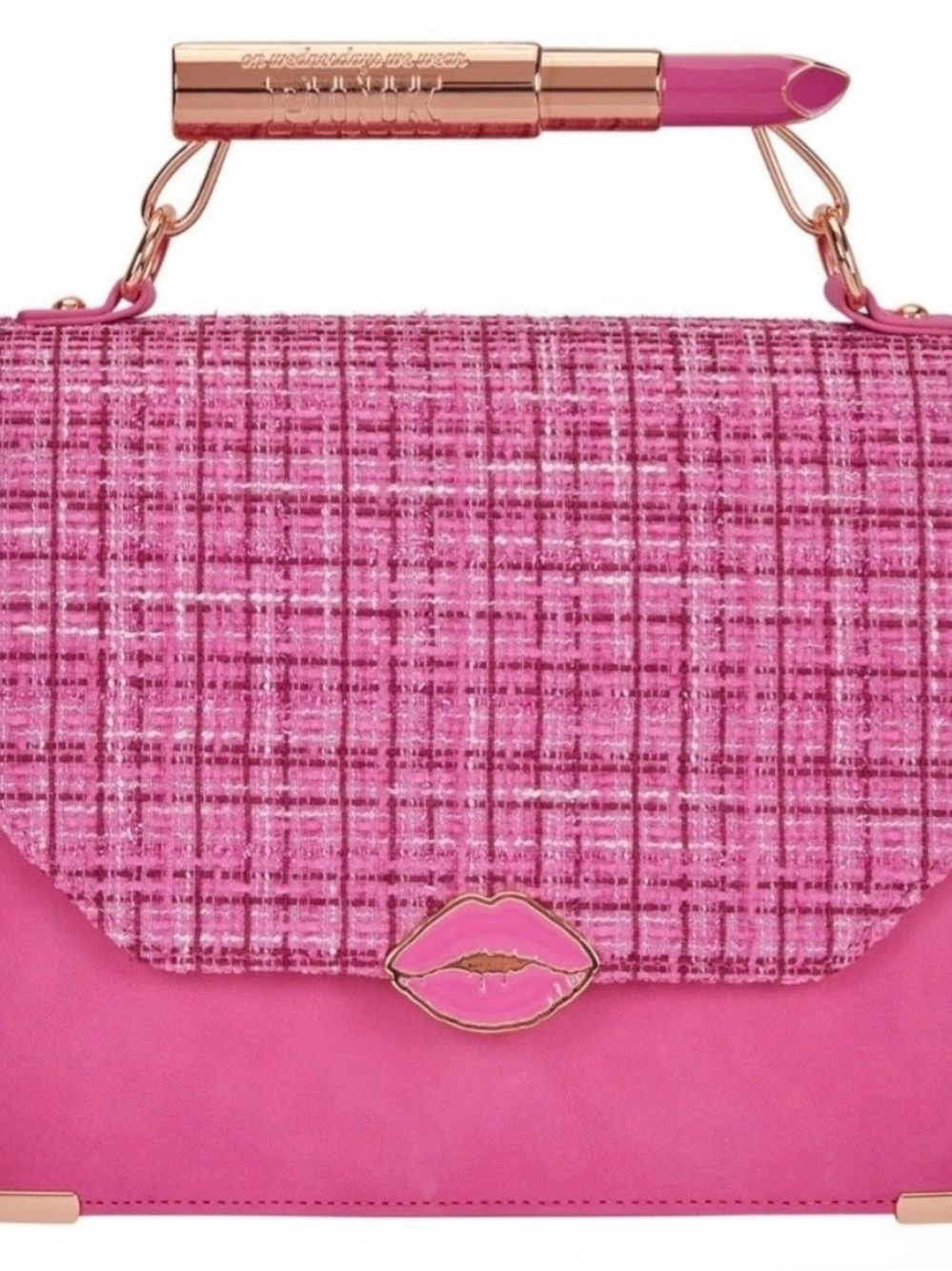 Mean Girls Loungefly Pink Tweed & Faux Leather Crossbody with Lipstick Clasp NWT - Picture 2 of 7